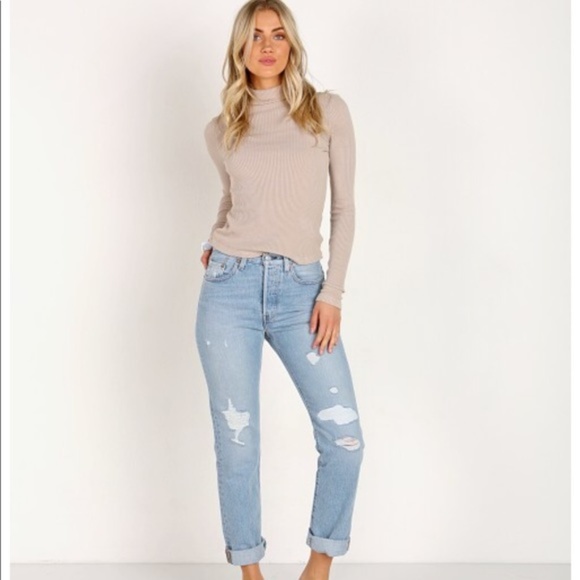 Oatmeal Beige Mock Neck Turtleneck Ribbed Sweater - Picture 2 of 8